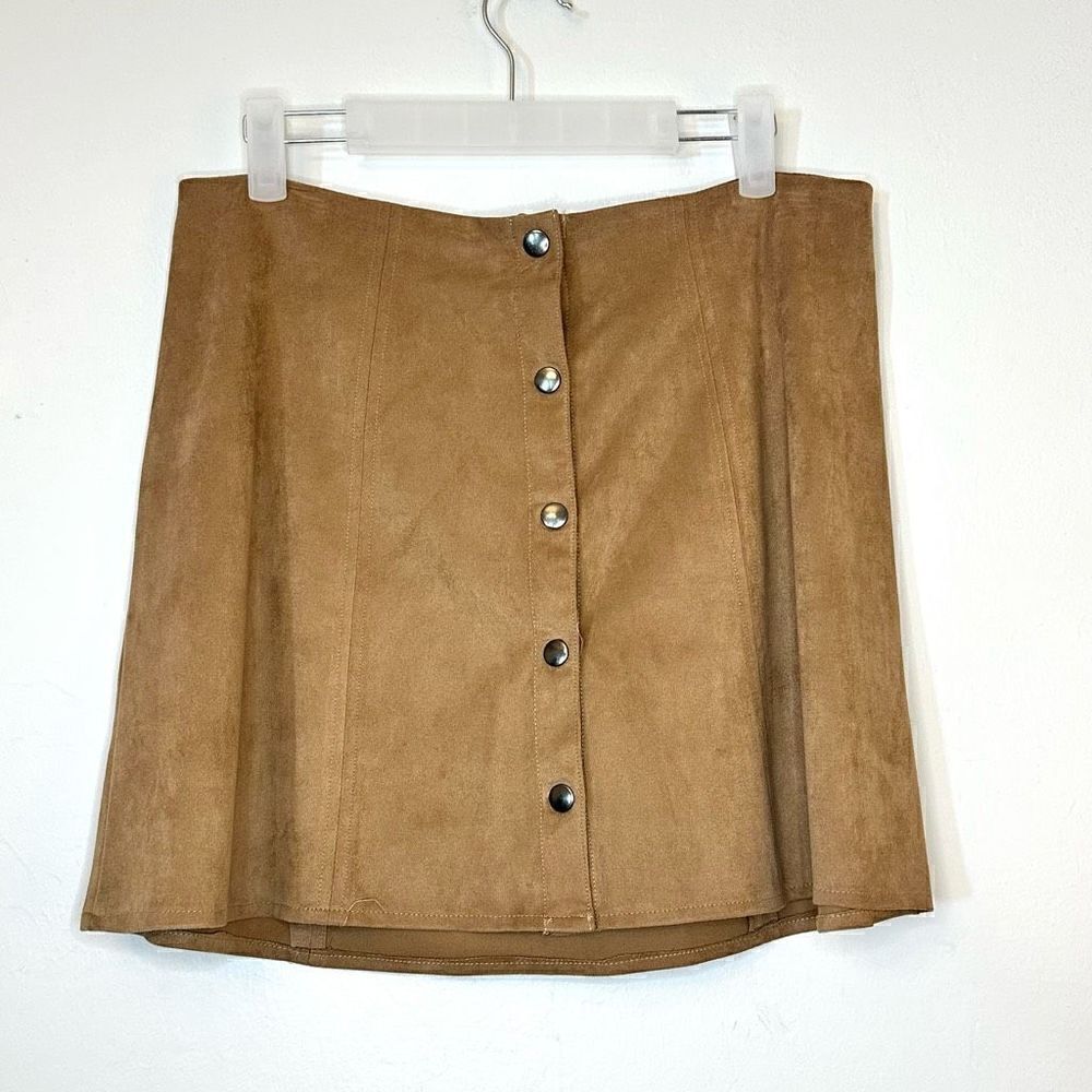 Kendall + Kylie Vegan Suede Snap Button Front A-Line Mini Skirt Brown Large